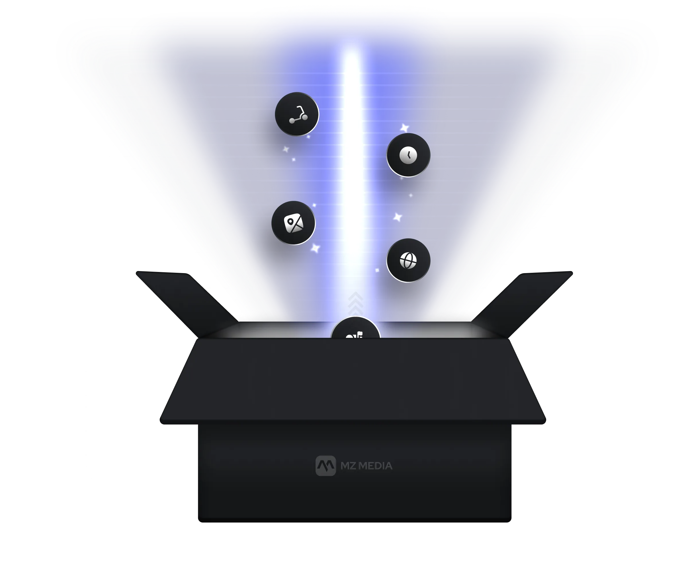 Black open box emitting blue light with floating black circular icons representing sharing, location, clock, and globe symbols.